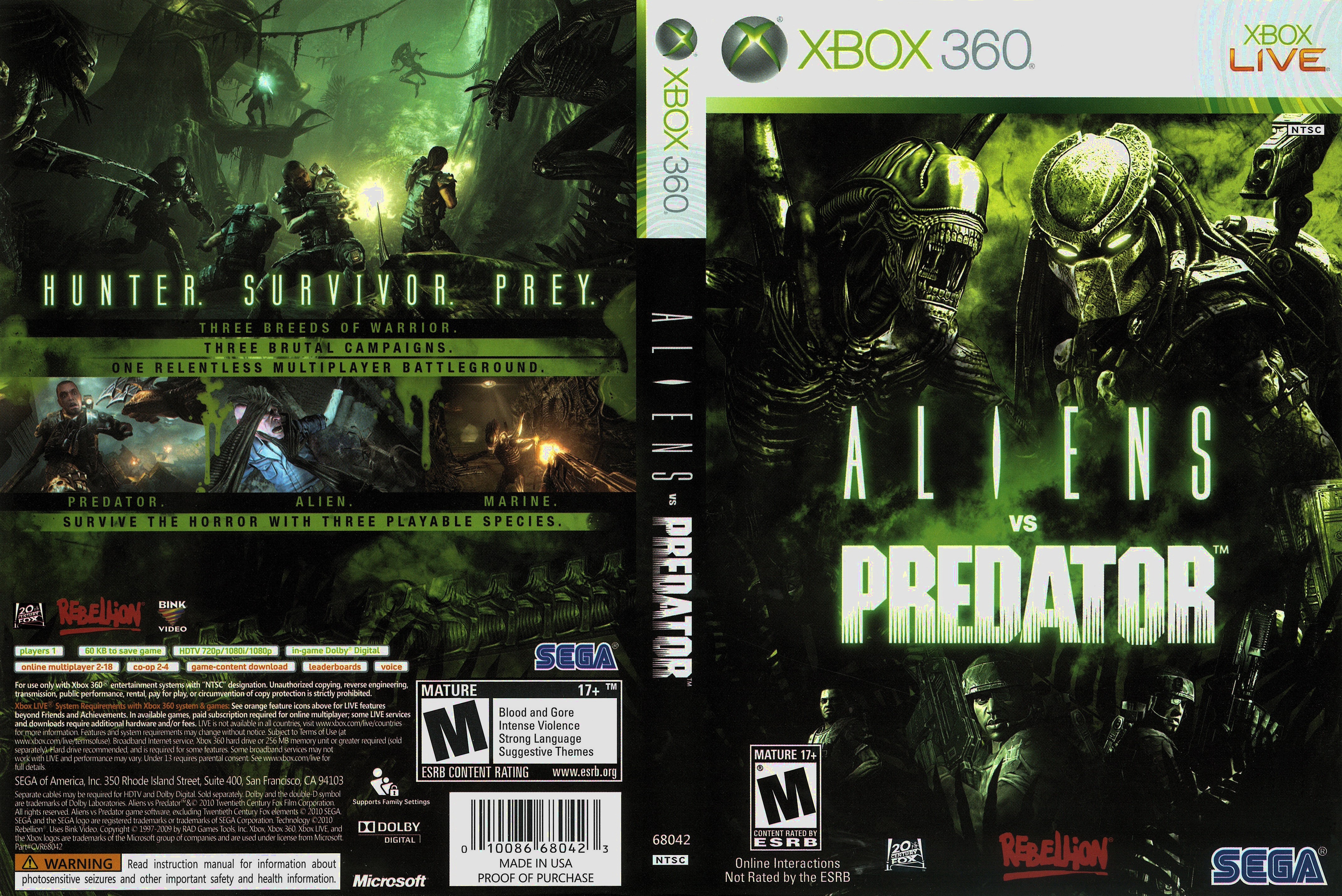 Aliens vs Predator Microsoft Xbox 360 2010 Complete w/ Manual Tested  10086680423